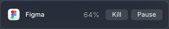 A CPU row: percentage, Kill and Pause